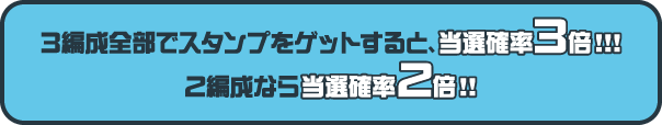 3編成全部でスタンプをゲットすると、当選確率3倍！！！2編成なら当選確率2倍！！